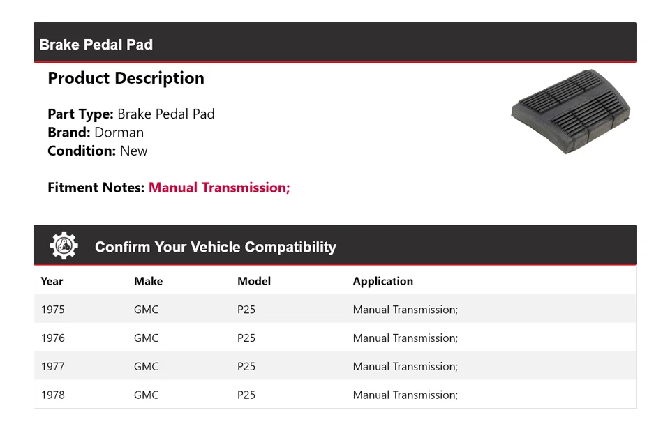Pastilla de pedal de freno para GMC P25 Dorman 1975-1978 1976 1977 Foto 2 de 4