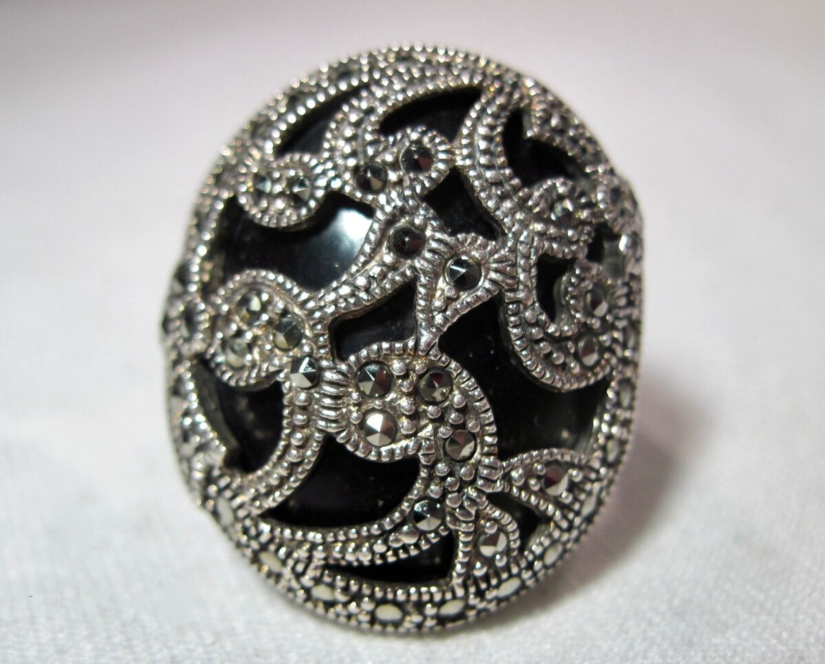 Vintage Sterling Silver Black Onyx Marcasite Signed NF Ring Vintage Sterling Silver Black Onyx Marcasite Signed NF Ring