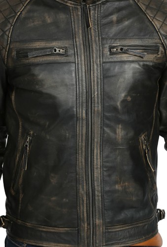 Mens Biker Style Real Leather Jacket Vintage Washed Rub Off Effect Lambskin Coat - Picture 7 of 9