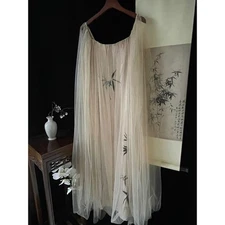 LA PLUIE Beige Tulle Bamboo Print Maxi Dress Cape Overlay Flowy Elegant