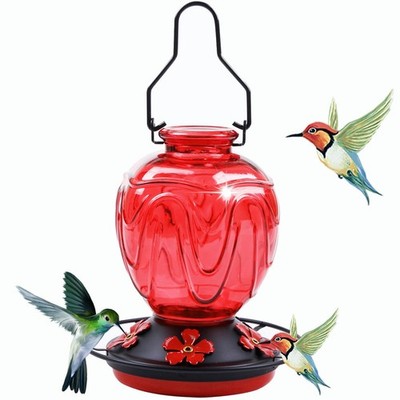 Glass Hummingbird Feeder for Outdoors Hanging, 24Ozs Humming Bird Nectar Red 