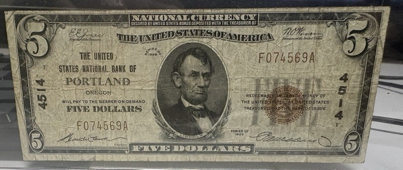 1929 Portland Oregon $5 National Bank Note