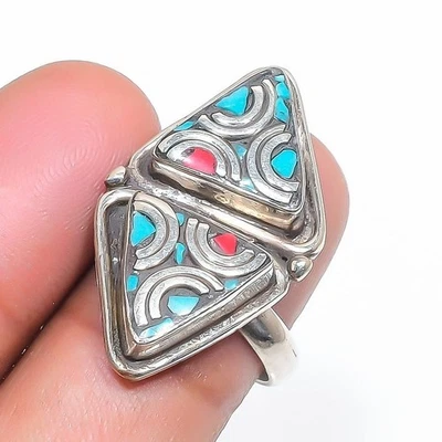 Bague réglable pierre précieuse corail turquoise argent tibétain bijoux... - Photo 1/4