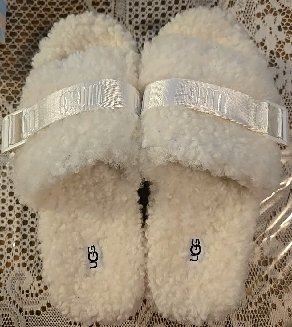 UGG FLUFFITA METAL BUCKLE REAL FUR WHITE CHUNKY PLATFORM SLIDE