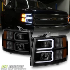 Blk Smoke 2007-2013 Chevy Silverado 1500 2500 LED DRL Tube Projector Headlights