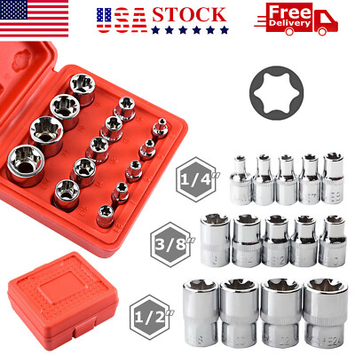 14 Pcs E Torx Star Female Bit Socket Set 1/2'' 3/8'' 1/4'' Drive E4 -E24 with Case