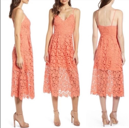 Astr The Label Coral Orange Floral Lace Midi Dress Women's Size S Wedding Spring