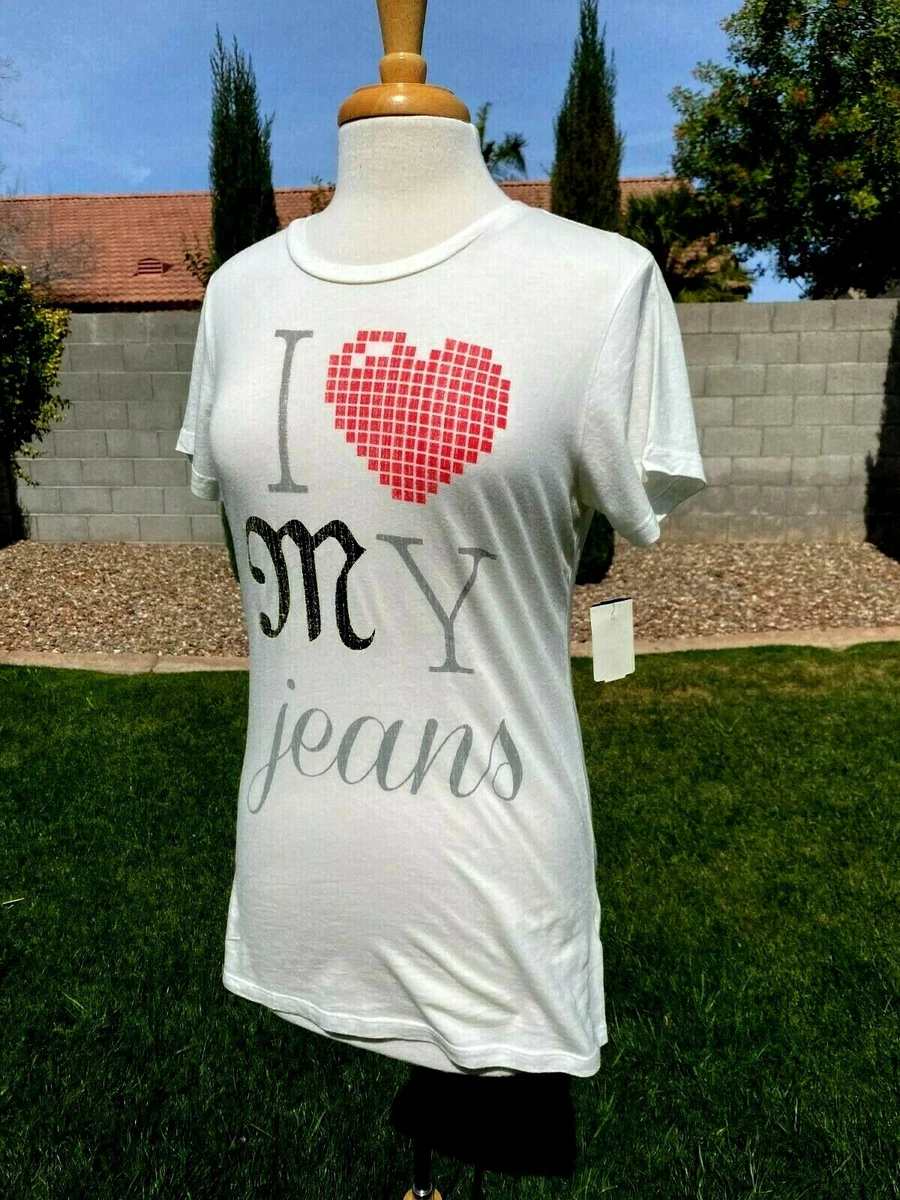 Miss Me I Love My Jeans T Shirt Top Womens L White w/Gold Foil