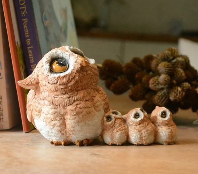 Four Owl Bird Statue Fairy Sculpture Tabletop Figurine Home