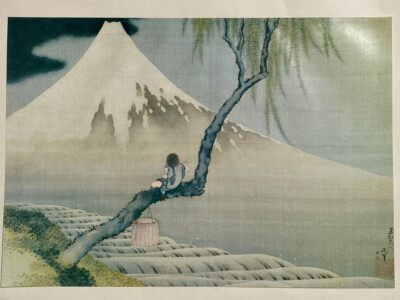 原画【蒼の富士】　和柄　 original painting　Mt.Fuji Vintage KATSUSHIKA HOKUSAI Lithograph Print. Boy & Mount Fuji