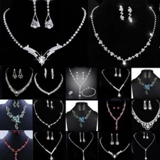 Fashion Crystal Pendant Bib Choker Chain Statement Necklace Earrings Jewelry Set