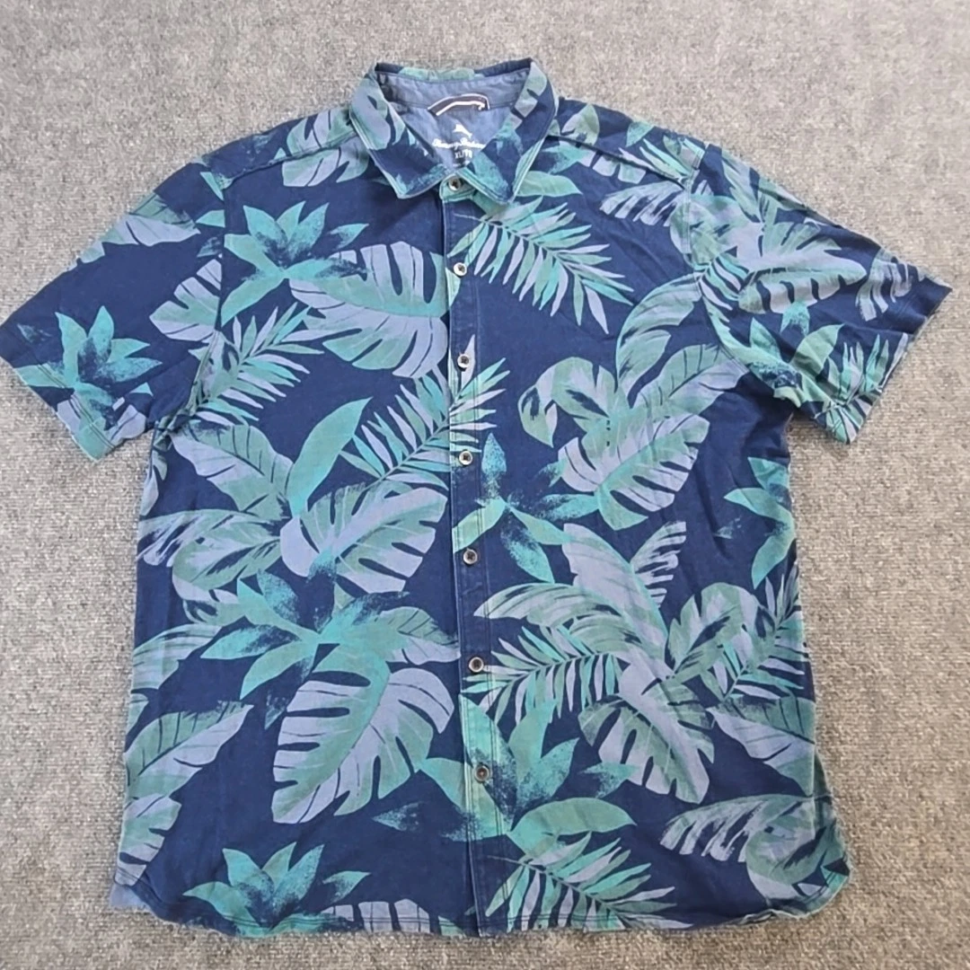 Tommy Bahama Shirt Mens XL Blue Floral All Over Short Sleeve Cotton Beach