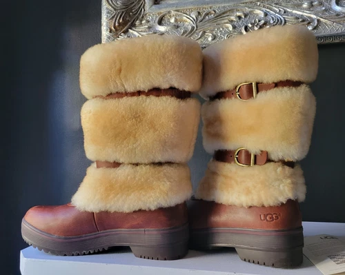UGG SHEEPSKIN FUR & GENUINE LEATHER BOOTS w/ BUCKLED STRAPS WORN ONE TIME ONLY