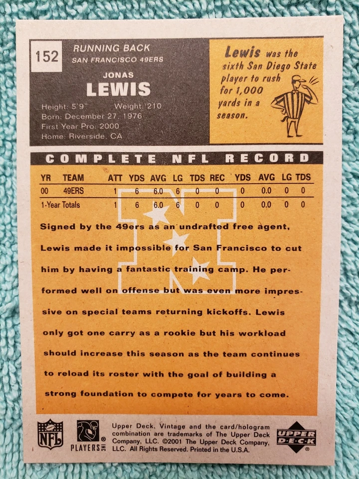 2001 UPPER DECK VINTAGE JONAS LEWIS #152 SAN FRANCISCO 49ERS  - Image 4 of 4