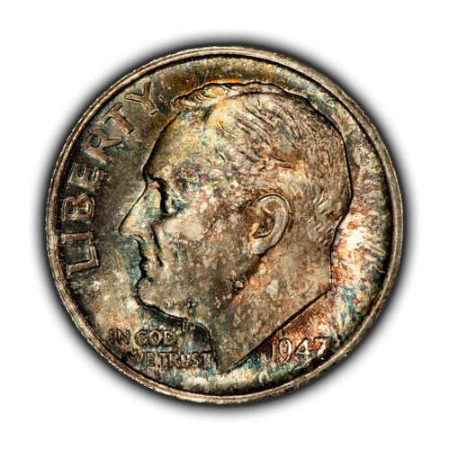 1947-S 10c Roosevelt Silver Dime - Watercolor Rainbow Toning - BU - SKU-Y6101