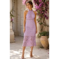 Bardot Gemma Dress Women L Orchid Purple Polyester Lace Halter Midi NWT