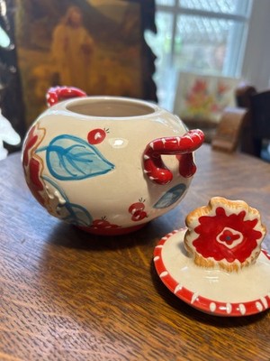 Blue Sky Clayworks Ceramic Lidded Sugar Bowl with Bright Red Flowers