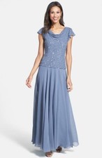 J KARA Blue Chiffon Beaded Cowl Popover Flutter Sleeve Formal Gown 8 NEW 239