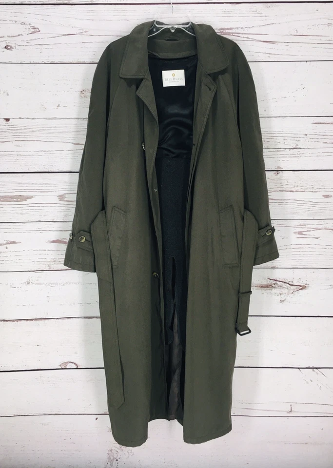 Vtg Bill Blass Men's Trench Coat Size 48 Belted Wool Removable Liner Green Y2K - Image 2 of 4