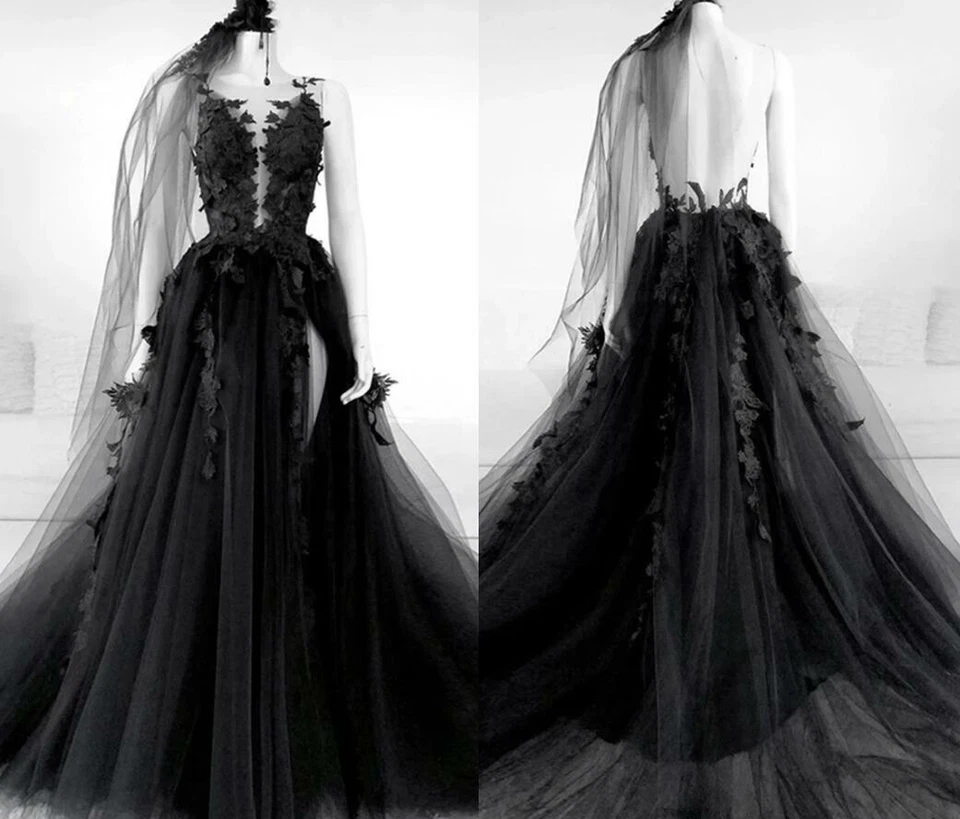 Gothic Black Wedding Dresses Backless HighLace With Veil Side Split A-line Gown - Image 2 of 4