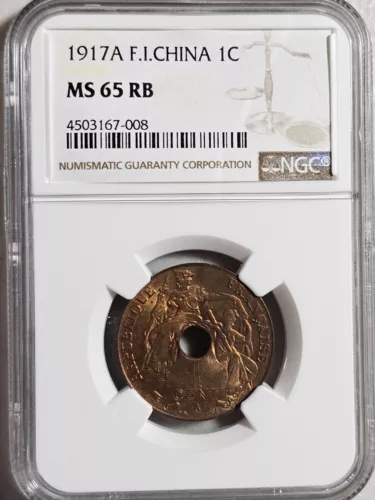 French Indochina 1 Cent 1917A NGC MS 65 RB