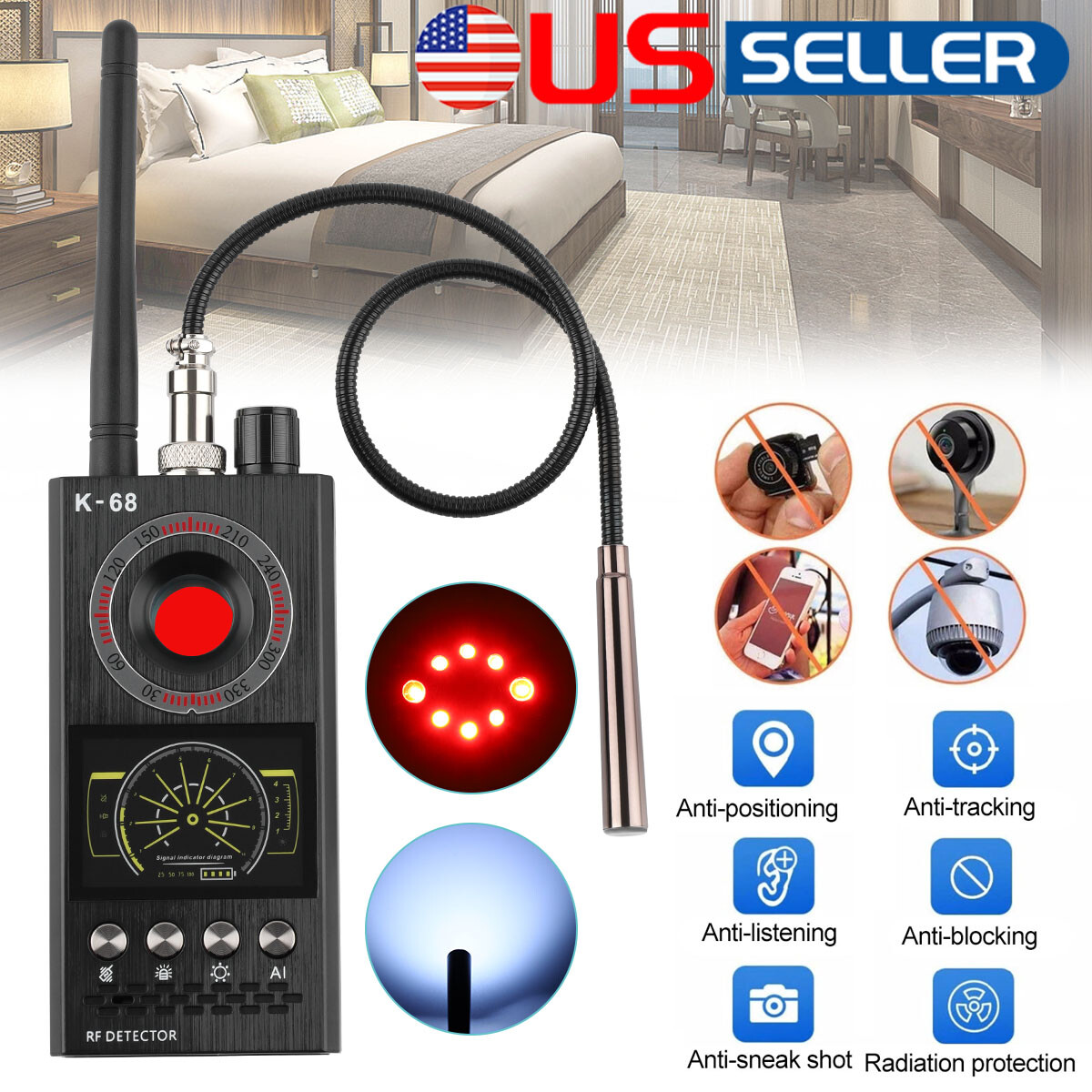 K68 Anti Spy Scanner Detector RF Camera GSM Audio Bug Finder