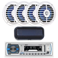 Pyle Single DIN Marine Bluetooth Reciever, Cover, 4x 5.25" 100W Marine Speakers