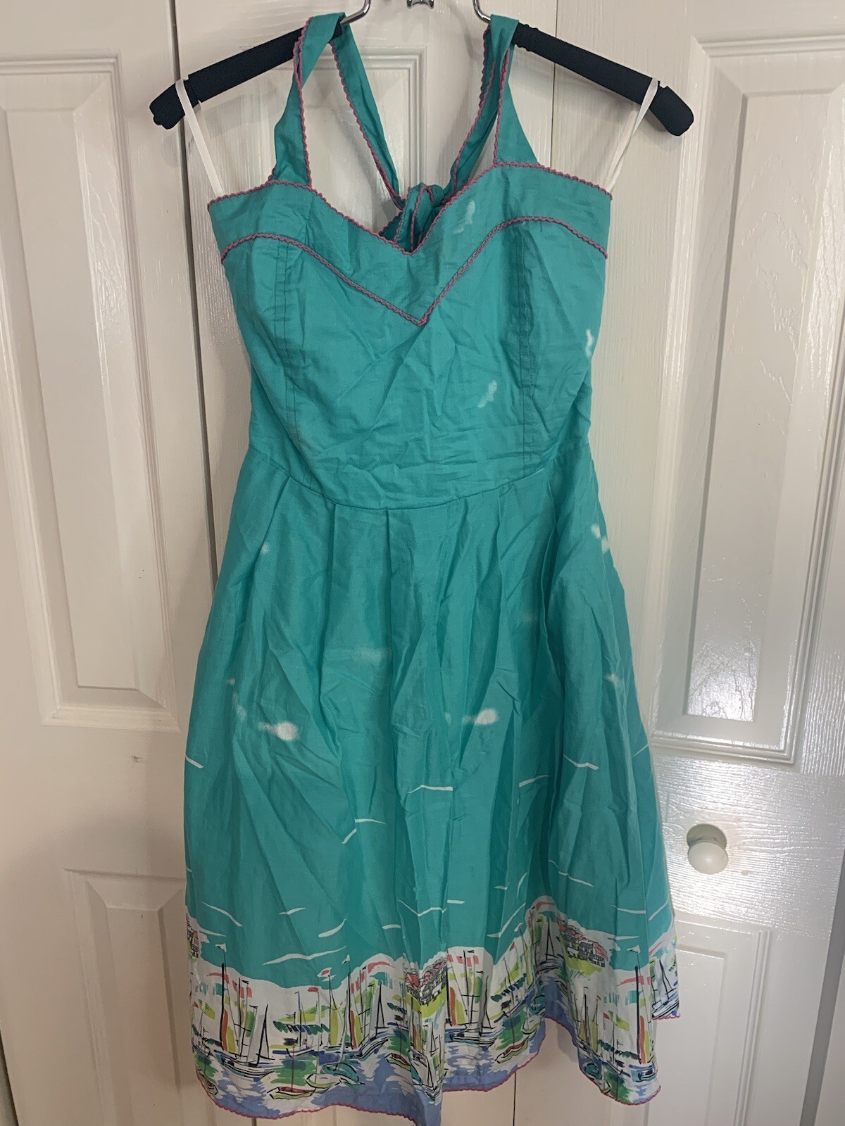 Vestido Halter EUCALYPTUS Para Mujer Talla XS Verde Azulado Borde Rosa Estampado Mar 100% Algodón