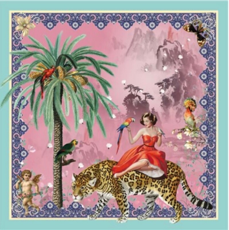 Jaguar - Art Blank Greeting / Birthday Card Cats Parrot  Exotic Palm Paradise