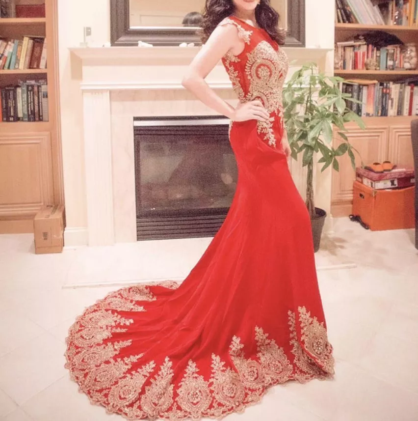 RED Long Train Prom Dress Rhinestones Pageant Wedding Brand New In Stock 4 12