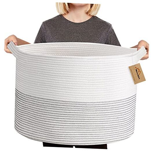 XXXL Large Cotton Rope Blanket Basket for Living Room, Woven Rope Black Stripe