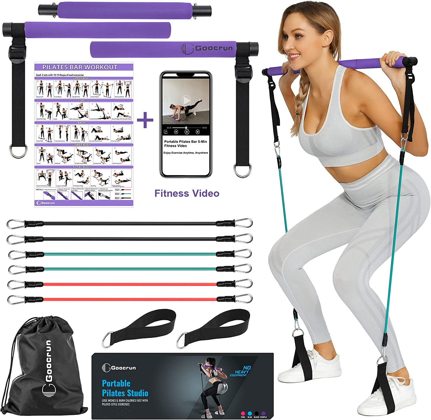 Portable Pilates Bar Kit with 3 Set Exercise Resistance Bands, Full-Body Workout