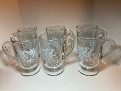 Six Vintage Libbey Snowflake Swirl Footed  Glass Mug Blue & White on Clear