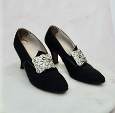 1930s 1940s Vintage Black Moire Fabric Heels With Rhinestone Shoe Clips - 5.5A