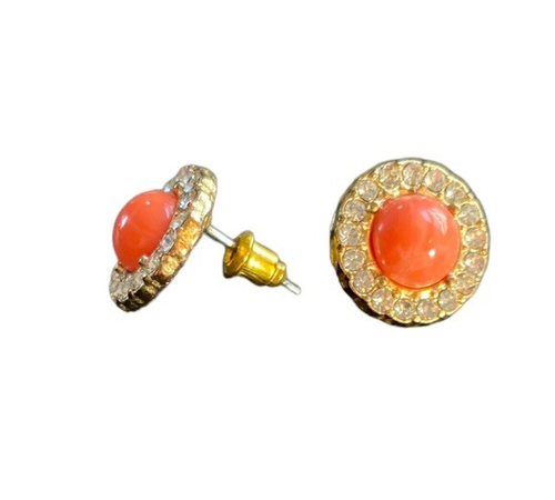 Orange Cabochon Crystal Clear Halo Around Gold Tone Pierced Stud Earrings - Picture 13 of 13