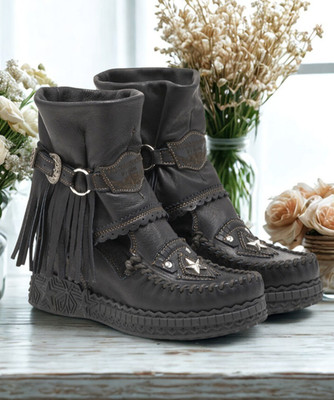 EL VAQUERO Mika Wild Void Black Wedge Moccasin Leather Boots EU 37/US 7-7.5