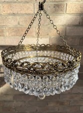 Vintage Hanging Brass & Tiered Glass Droplet Light Shade Chandelier