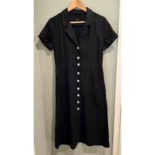 Quince Black 100% Linen Button Front Short Sleeve Midi Shirt Dress Womens XS