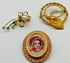 Brooches Set of 3 Women's Gold Tone Cameo Flower Wreath Vintage Costume Jewelry