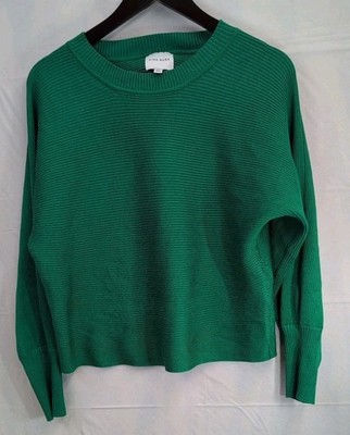 Pink Rose Long Sleeve Slight Crop Sweater Knit Green Crewneck Sz XL