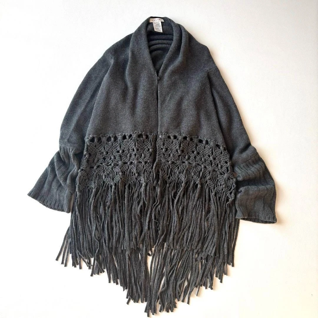 CELINE maglia cashmere poncho scialle cardigan frange grigio scuro taglia M