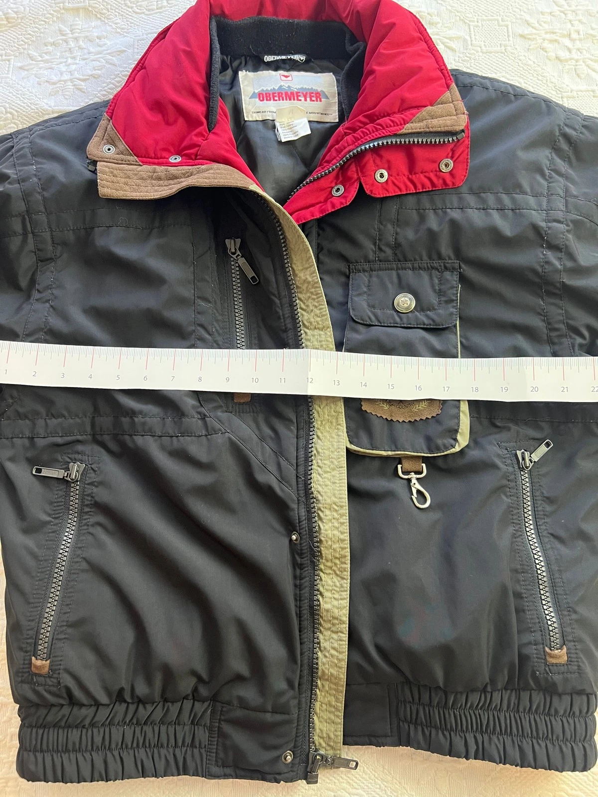 Obermeyer Vintage Ski Jacket Men's Medium Black Red Tan Trim Retro Winter Coat image 3