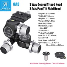 ARTCISE 3-Way Geared Tripod Head 3 Axis Pan/Tilt Fluid Head Panoramic QR Plate