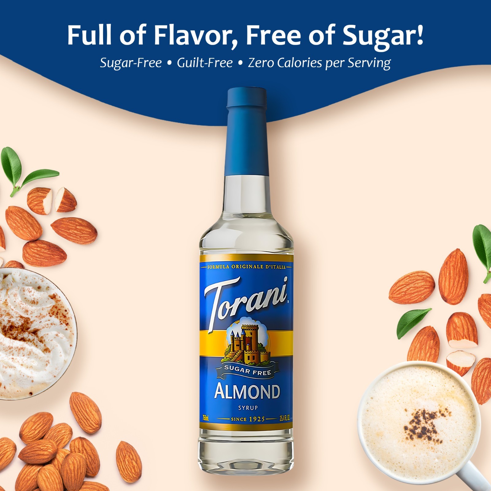 Torani Sugar Free Syrup, Almond, Zero Calorie, Pump Included, 25.4 Fl Oz