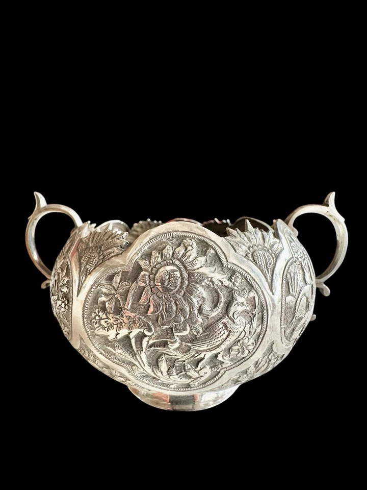 Antiguo azucarero islámico Shiraz persa 84 grabado en plata Galamzani firmado Foto 4 de 4