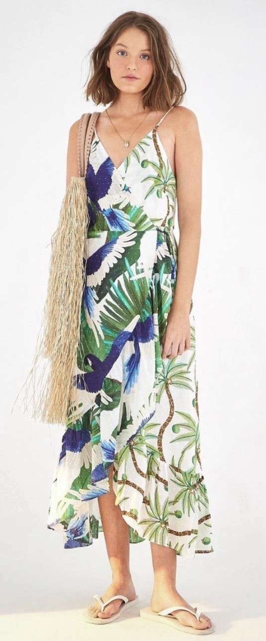 NEW NWT $180 Farm Rio Mixed Palm MIDI Wrap Dress Multi Green White Size XS