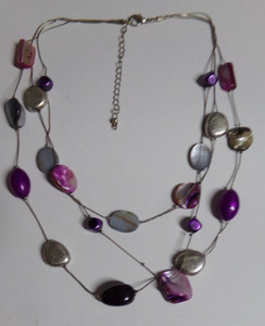 Vintage Purple Shells & Silver Tone Beads On 18" Triple Strand Necklace