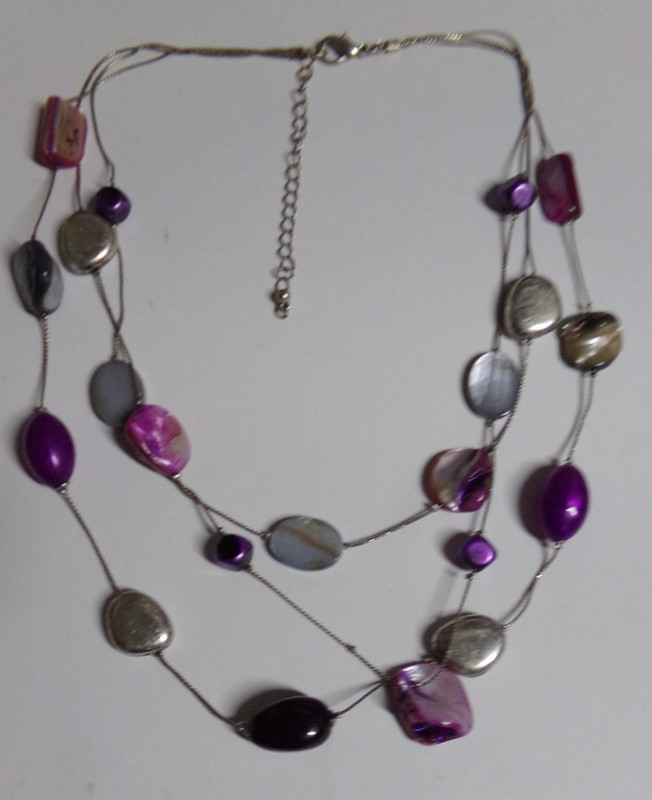 Vintage Purple Shells & Silver Tone Beads On 18" Triple Strand Necklace