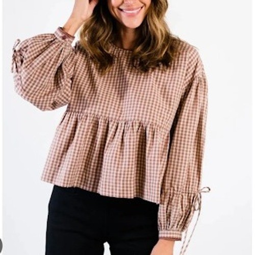 ABLE Skylar Swing Top Nutmeg 100% Cotton Gingham Button Peasant Sleeve S NEW