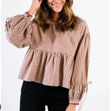 ABLE Skylar Swing Top Nutmeg 100% Cotton Gingham Button Peasant Sleeve S NEW